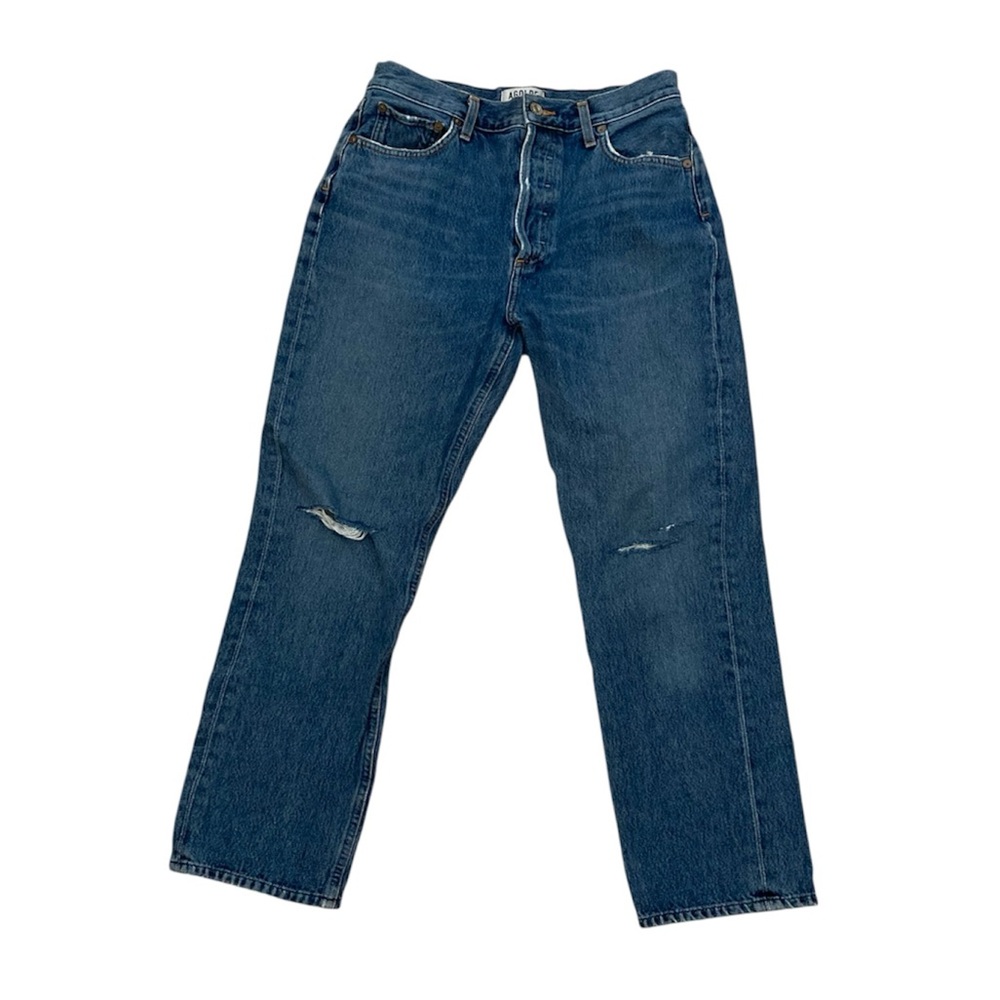 AGOLDE Blue Riley High Rise Straight Crop Jeans Distressed - Picture 3 of 10
